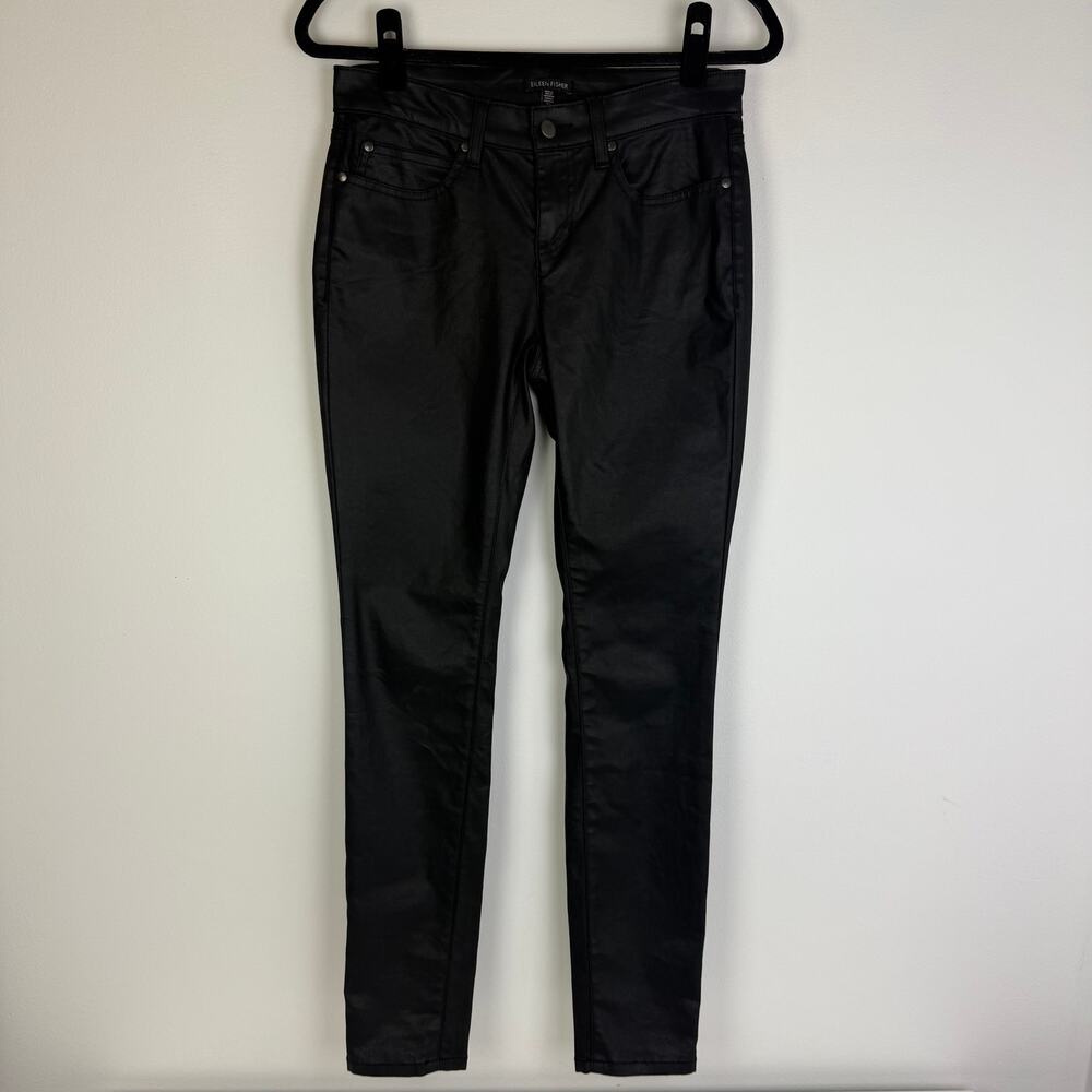 Eileen Fisher Womens Skinny Leg Mid Rise Shiny Coated Moto Slim Black Pants 4